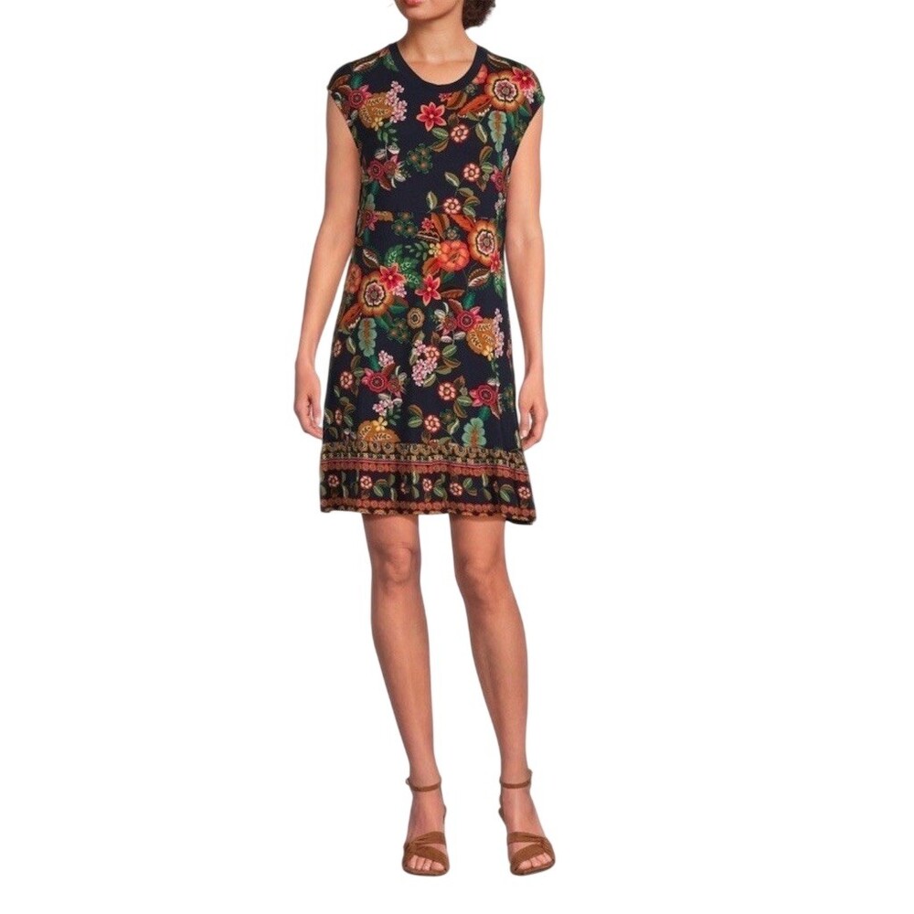Johnny Was Dress Womens XL Floral Shift Knee Length Cap Sleeve Navy Multi